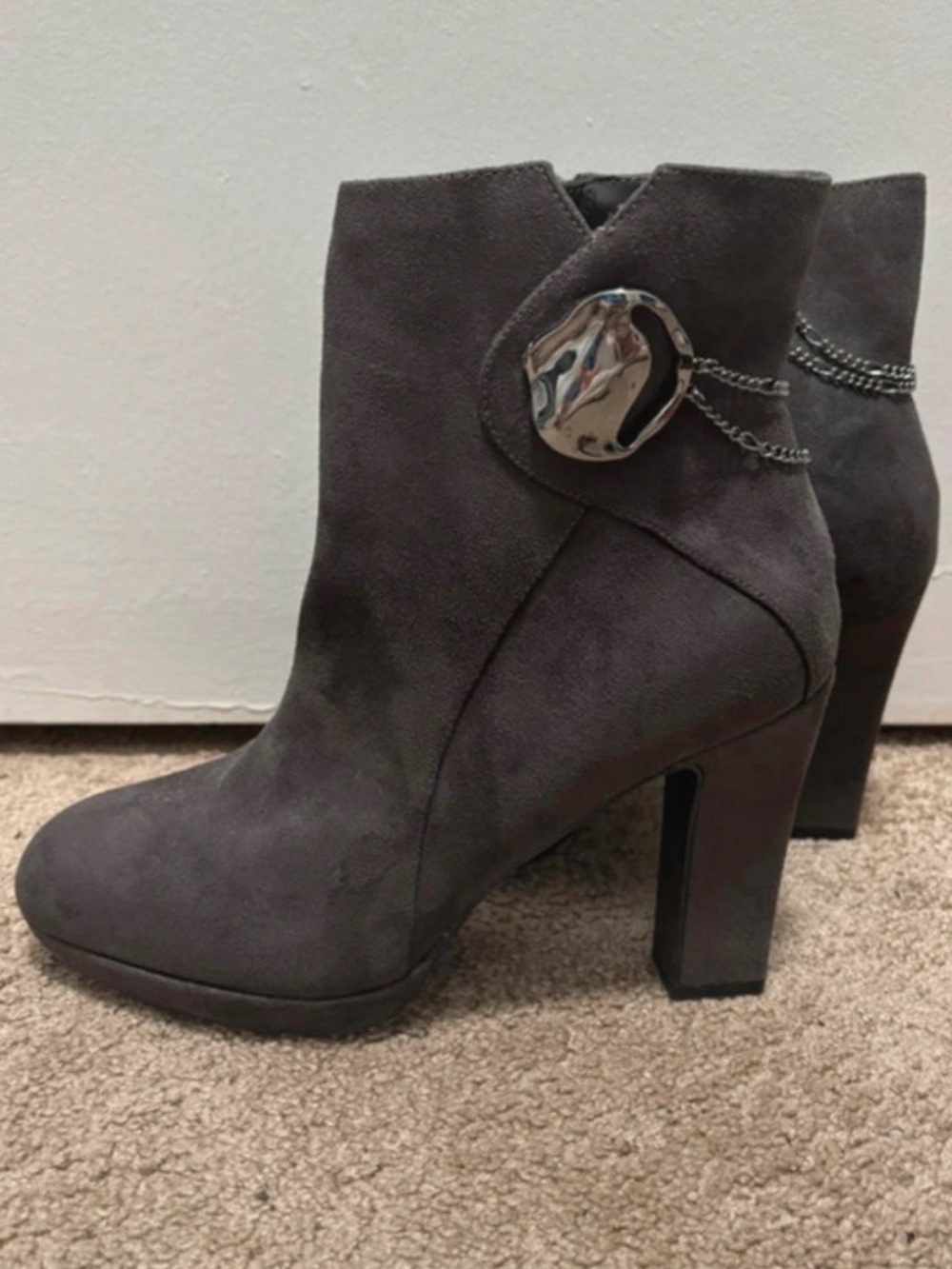 Impo Gray Suede High-Heel Ankle Boots with Silver Chain Accent